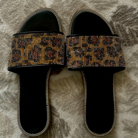 Shoes - Leopard Print Embellished Slide Sandals